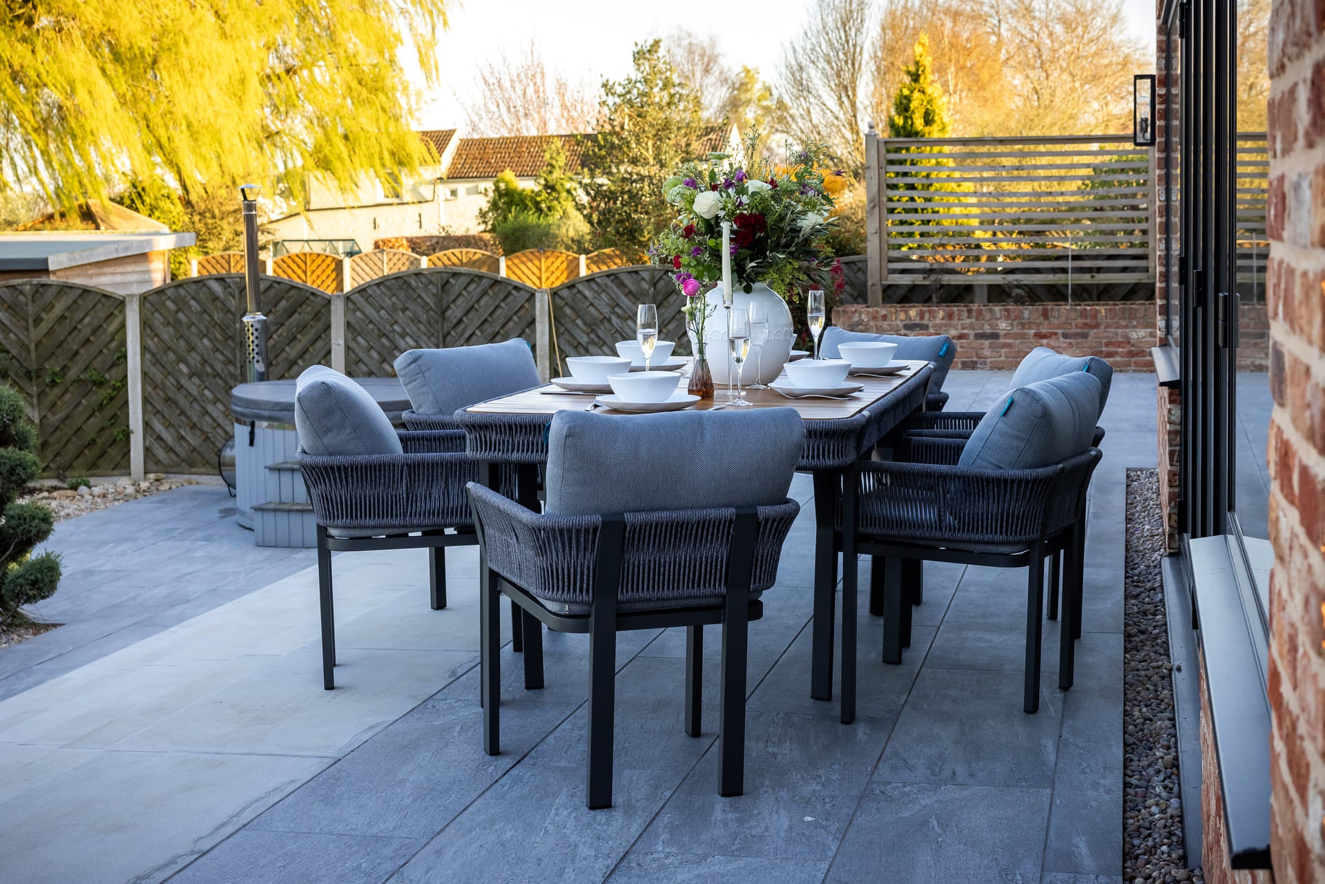 Seatherny 6 Seat Dining Set Rope Weave with Teak Wood Table Top