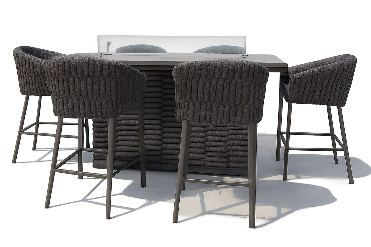 Outdoor dining set with a table and six chairs on a white background