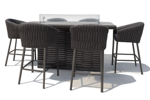 Outdoor dining set with a table and six chairs on a white background